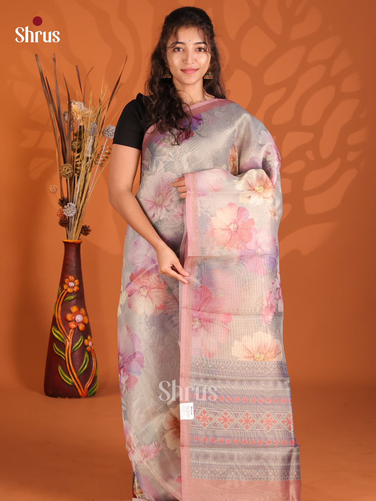 Grey & Dusty Brown -  Semi Tissue Print Saree