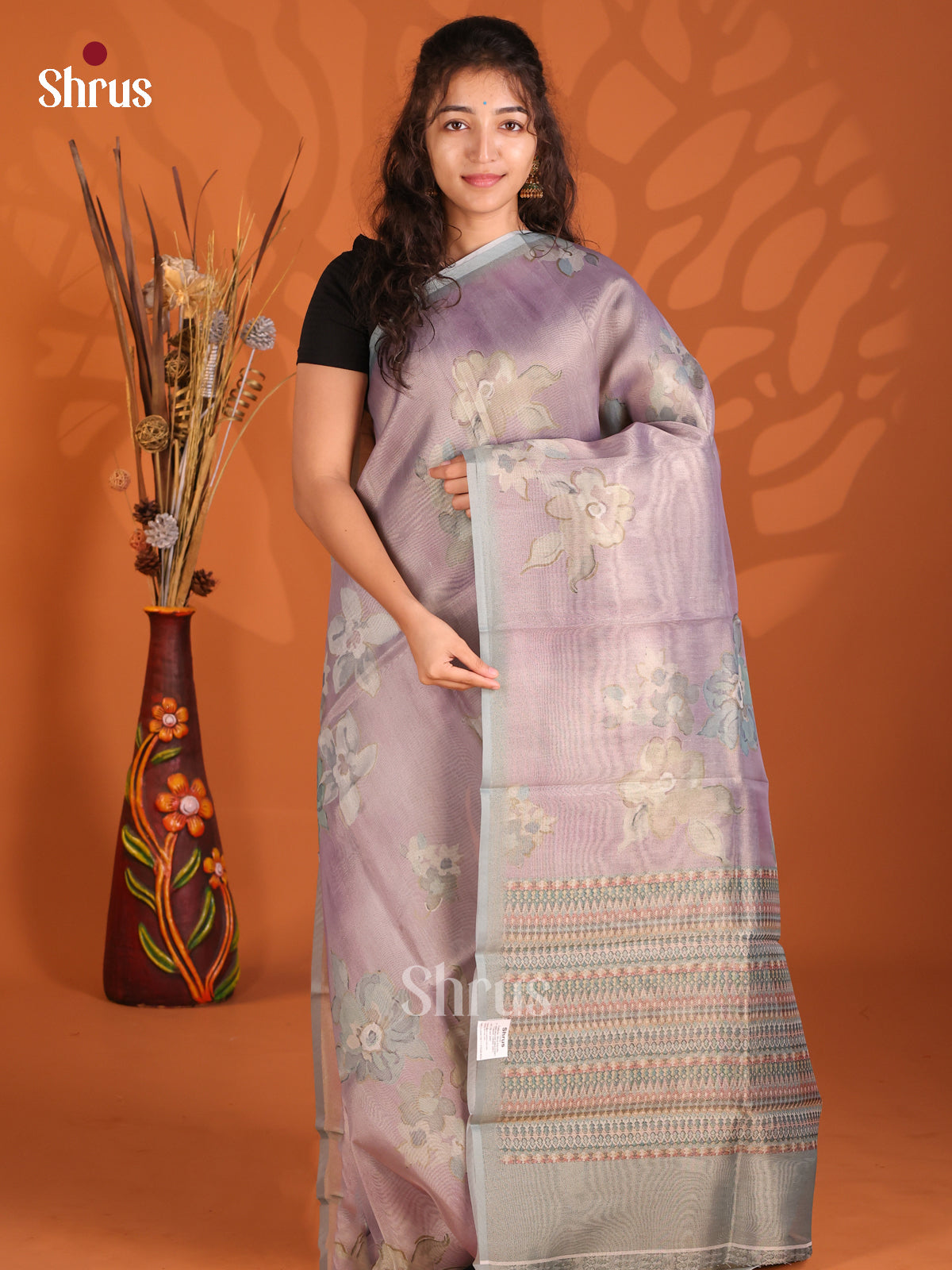 Lavender & Grey - Semi Tissue Print Saree