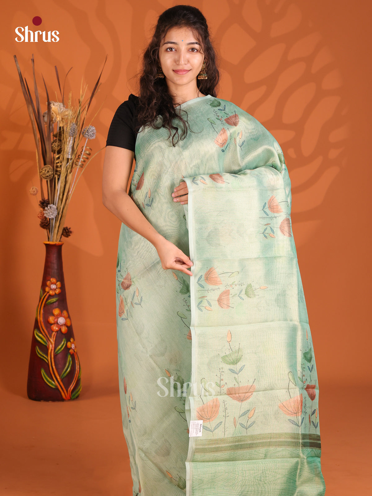 Pastel green - Semi Tissue Print Saree