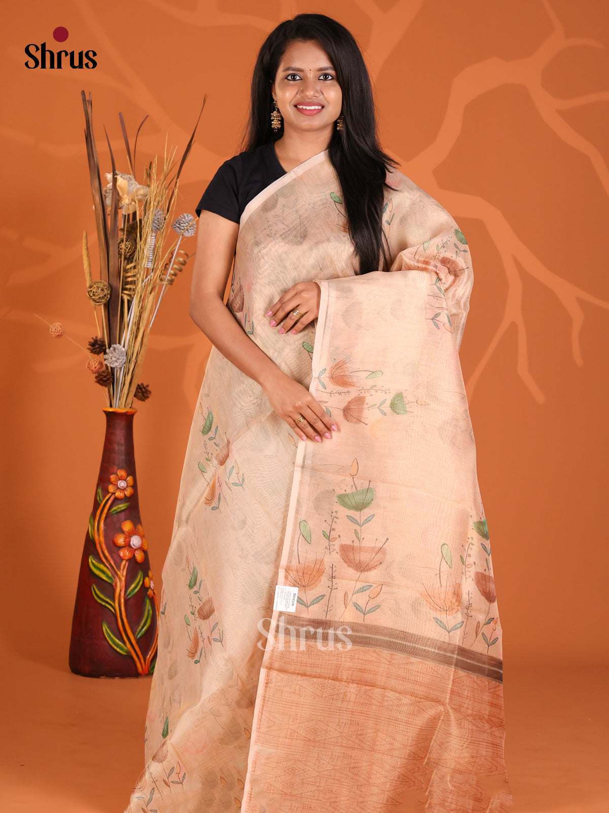 Peach - Semi Tissue Print Saree
