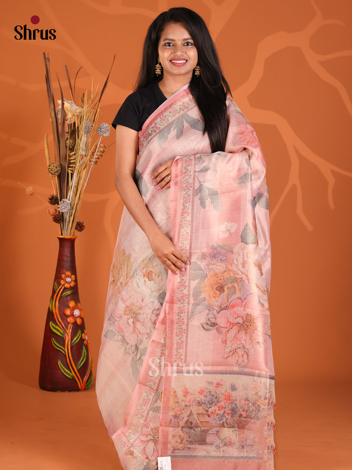 Pink - Semi Tissue Print Saree