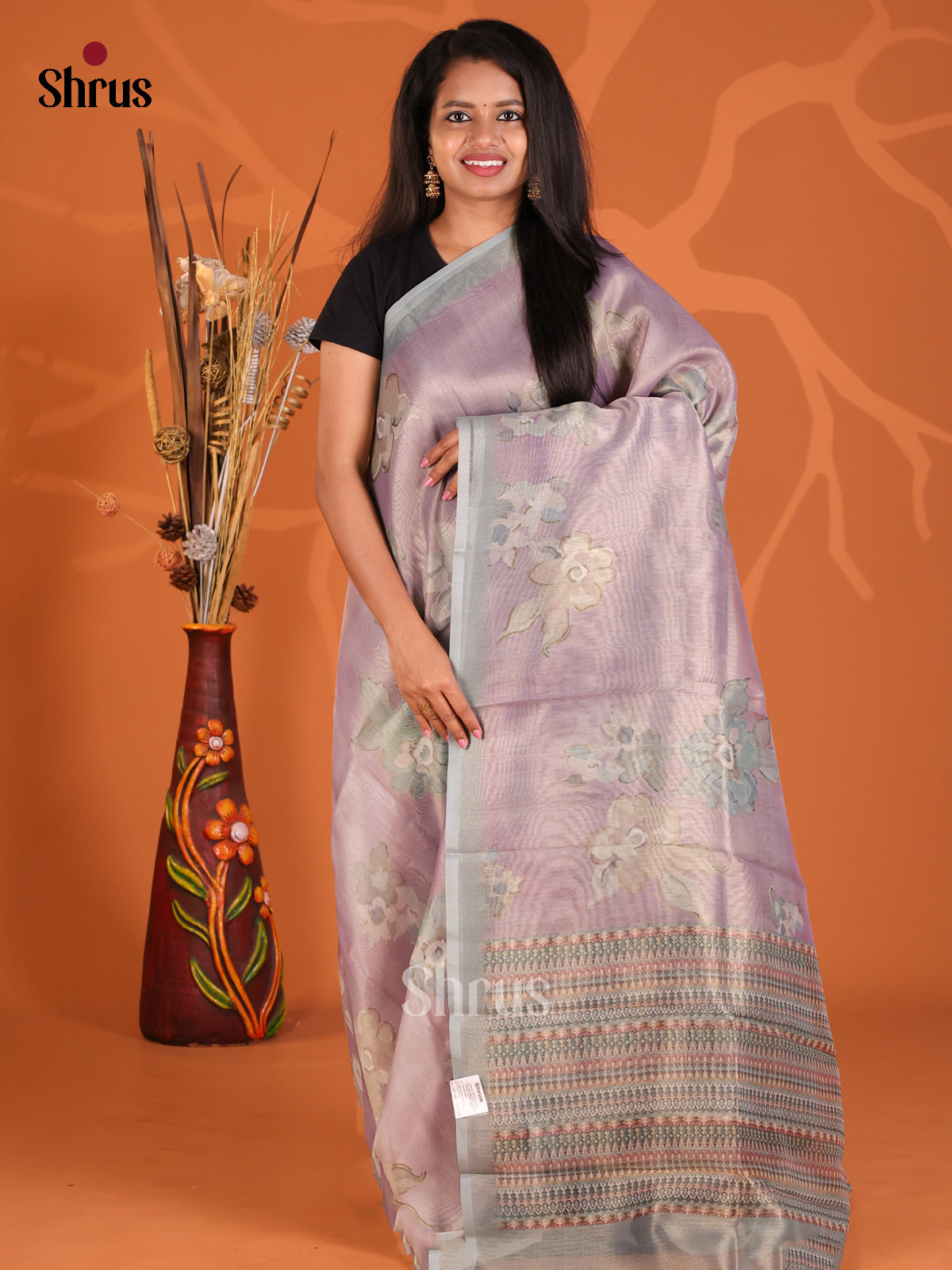 Lavender & Grey - Semi Tissue Print Saree