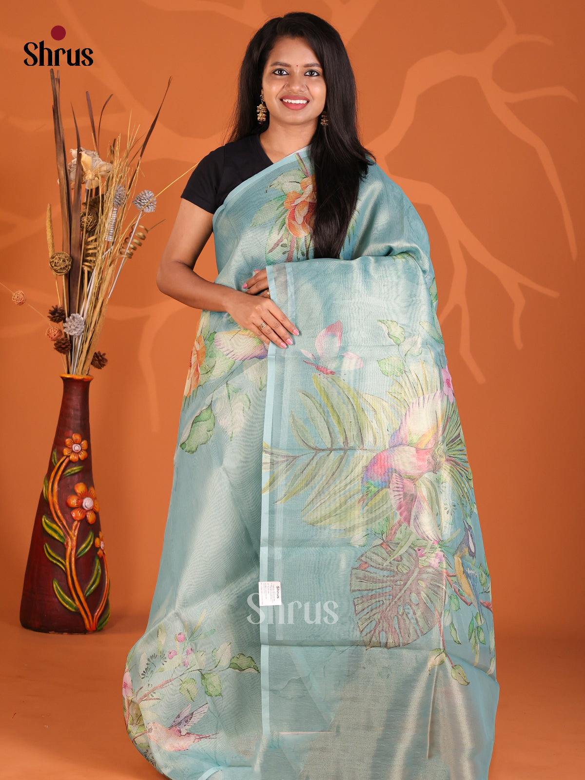 Blue - Semi Tissue Print Saree