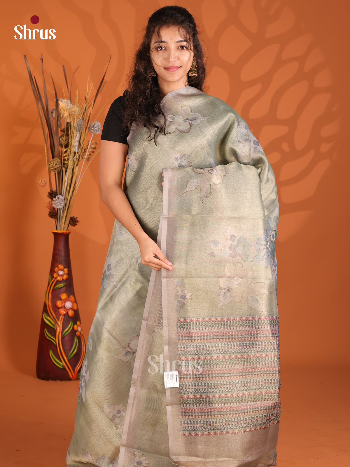 green - Semi Tissue Print Saree