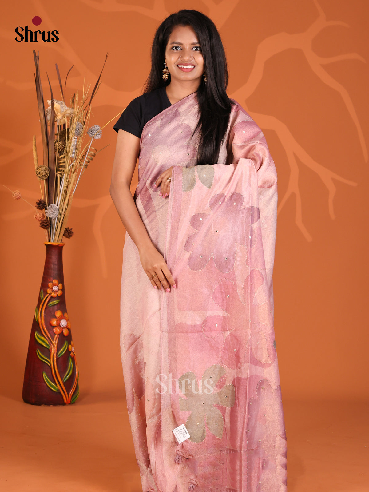 Pink - Semi Tissue Print Saree