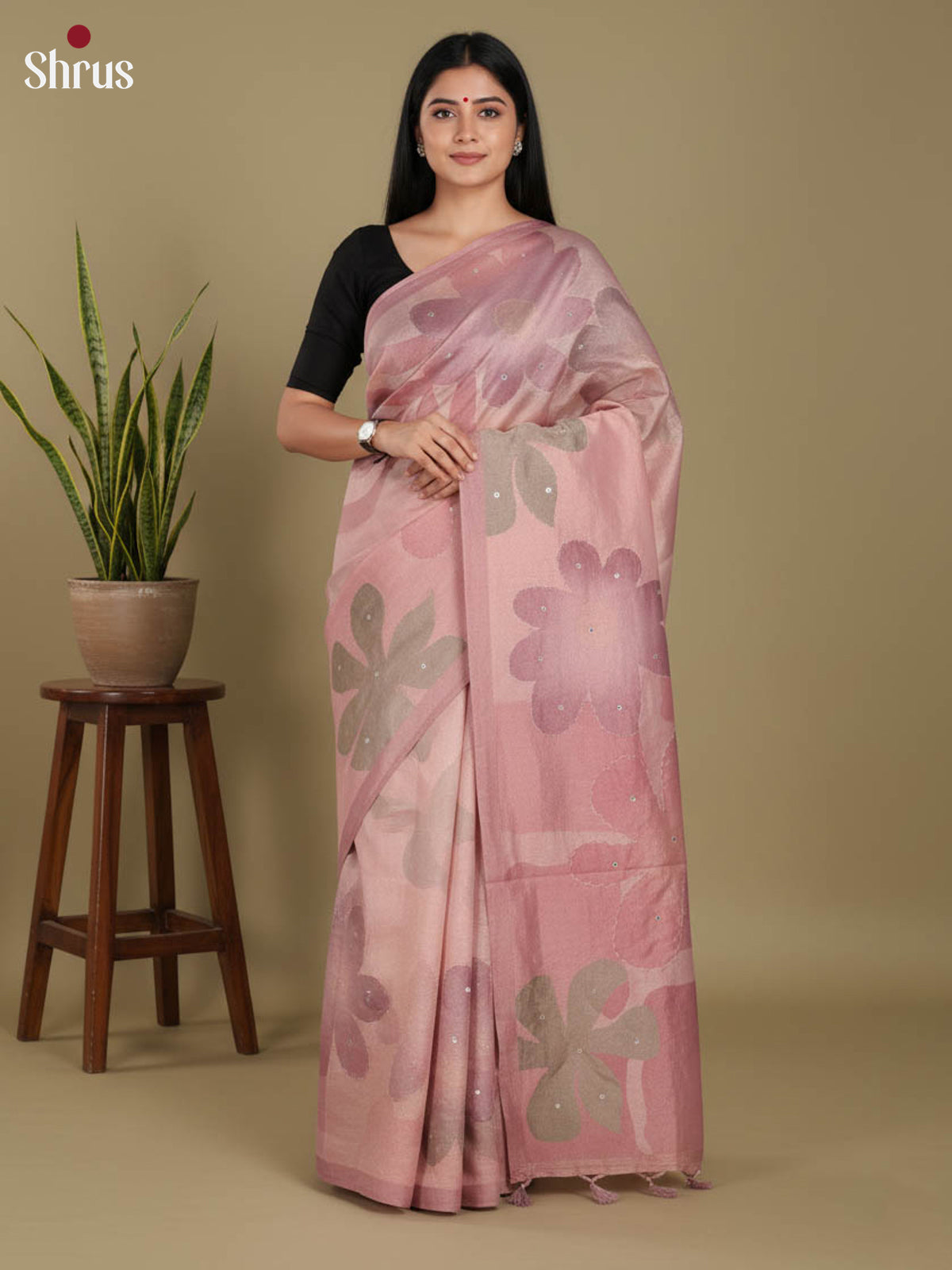 Pink - Semi Tissue Print Saree