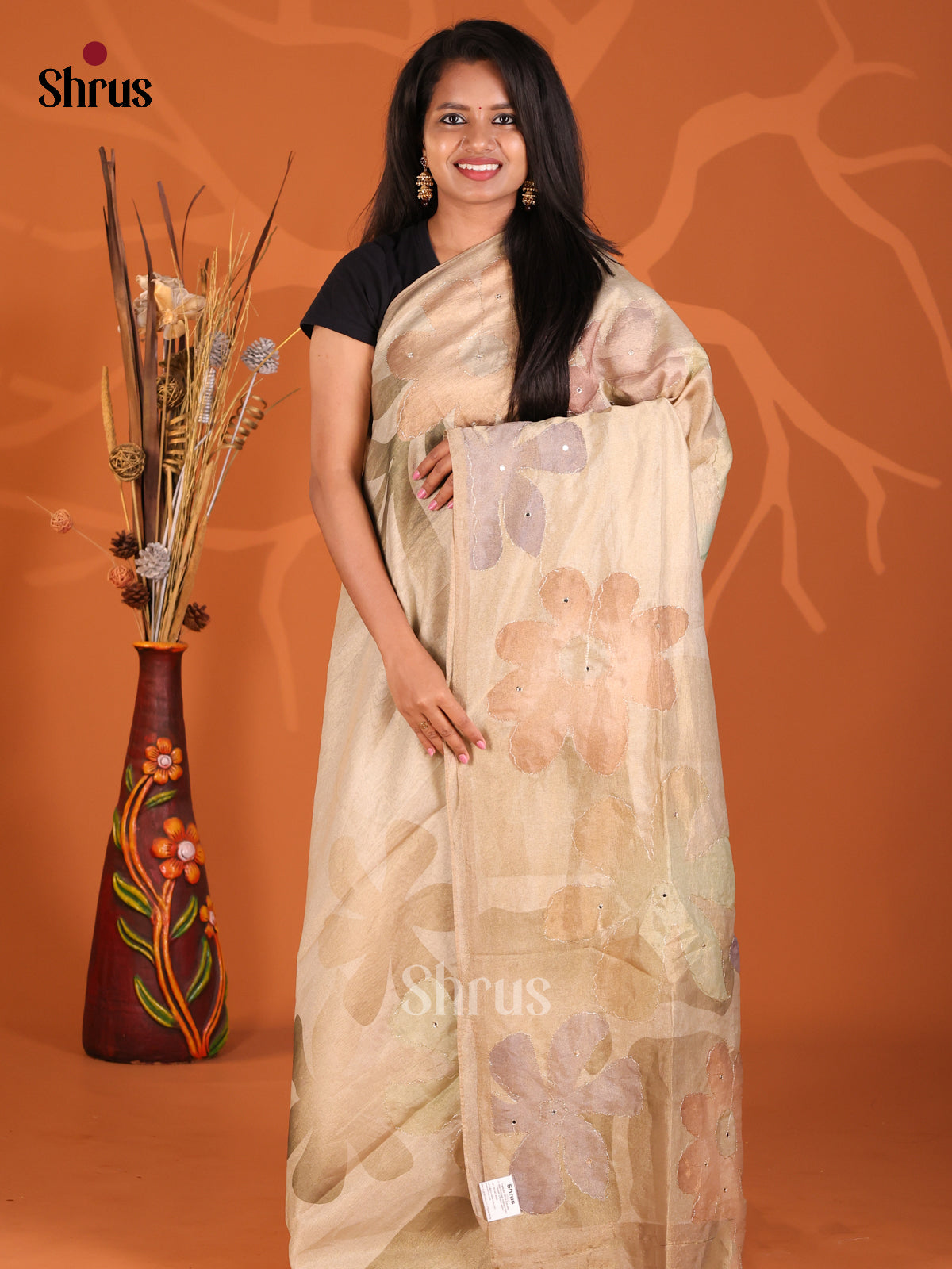 Cream & Brown - Semi Tissue Print Saree