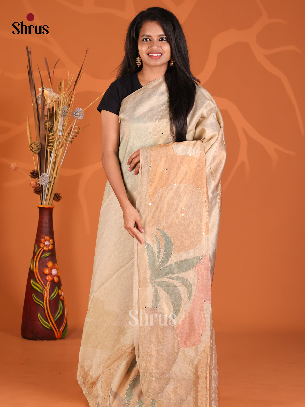 Cream- Semi Tissue Print Saree