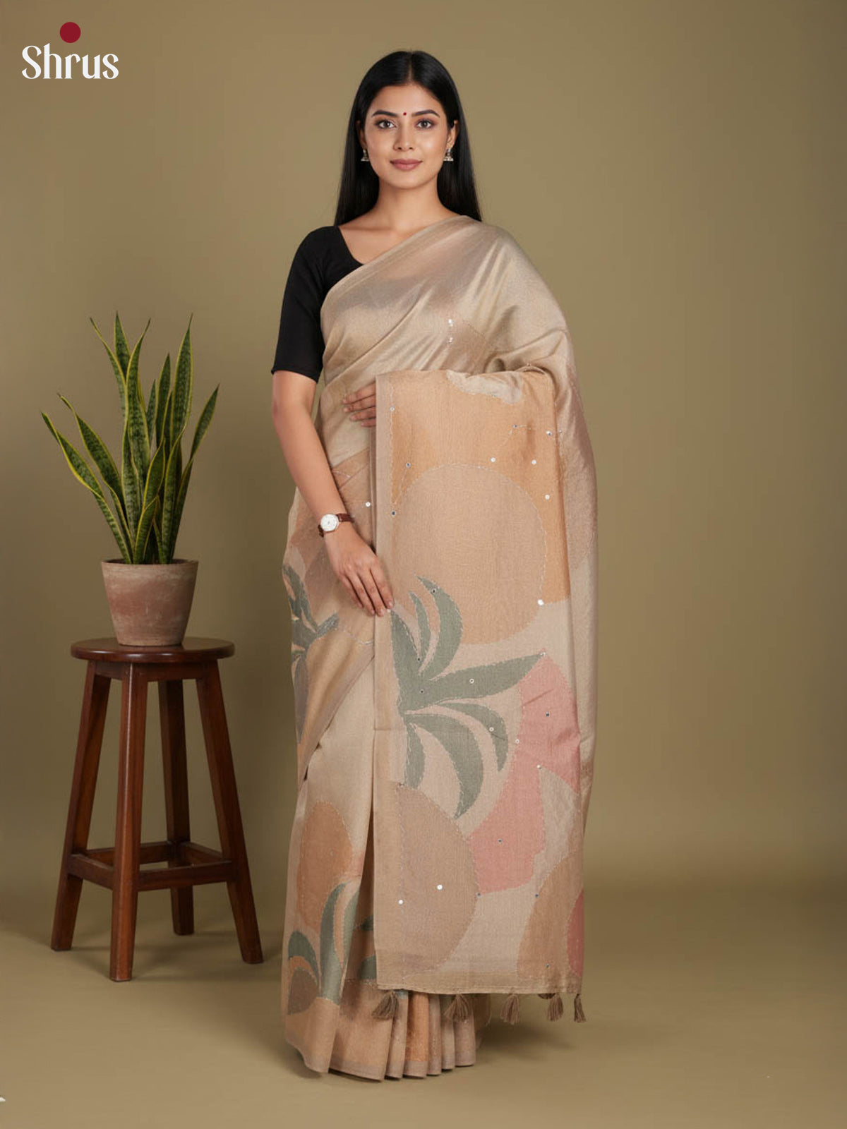 Cream- Semi Tissue Print Saree
