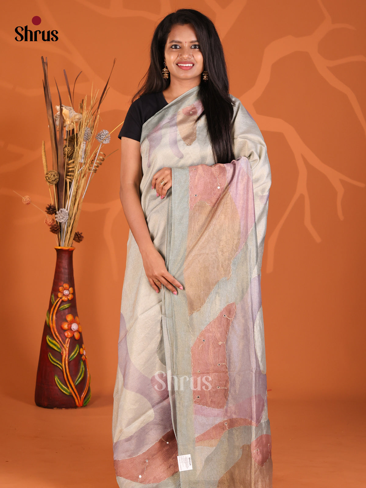 Grey-  Semi Tissue Print Saree