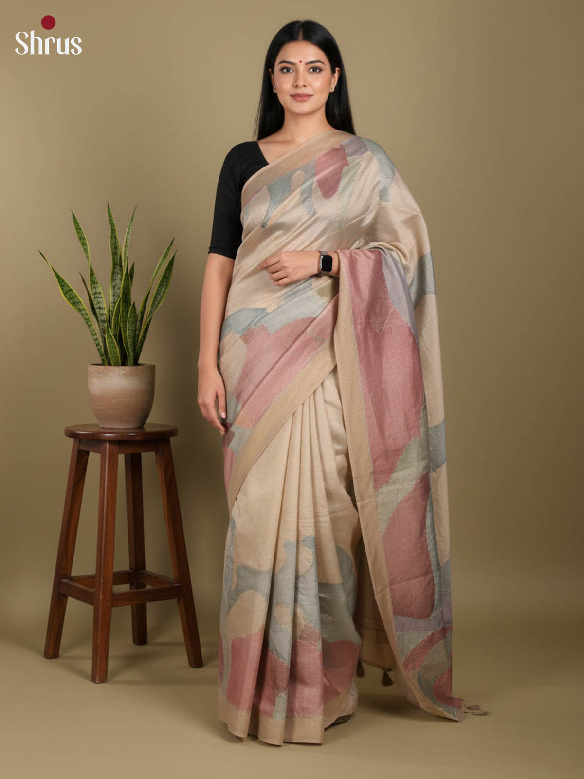 Cream & Brown - Semi Tissue Print Saree