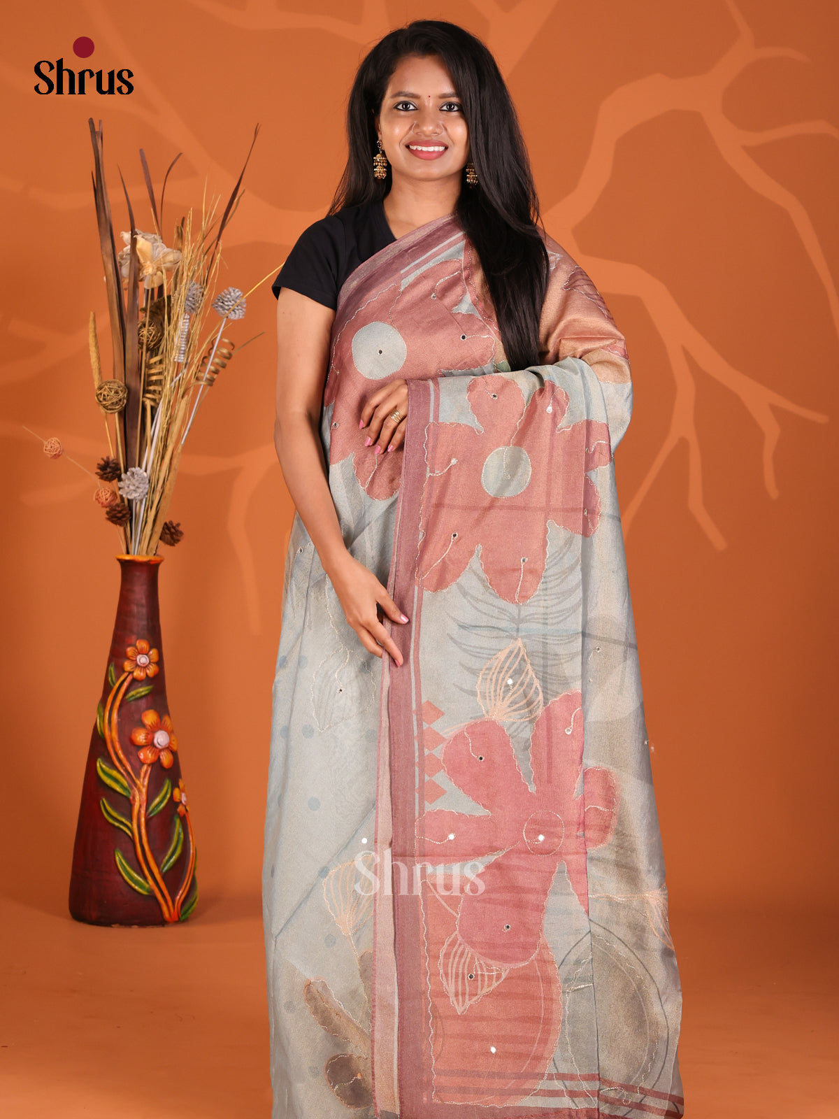 Grey & Brown - Semi Tissue Print Saree