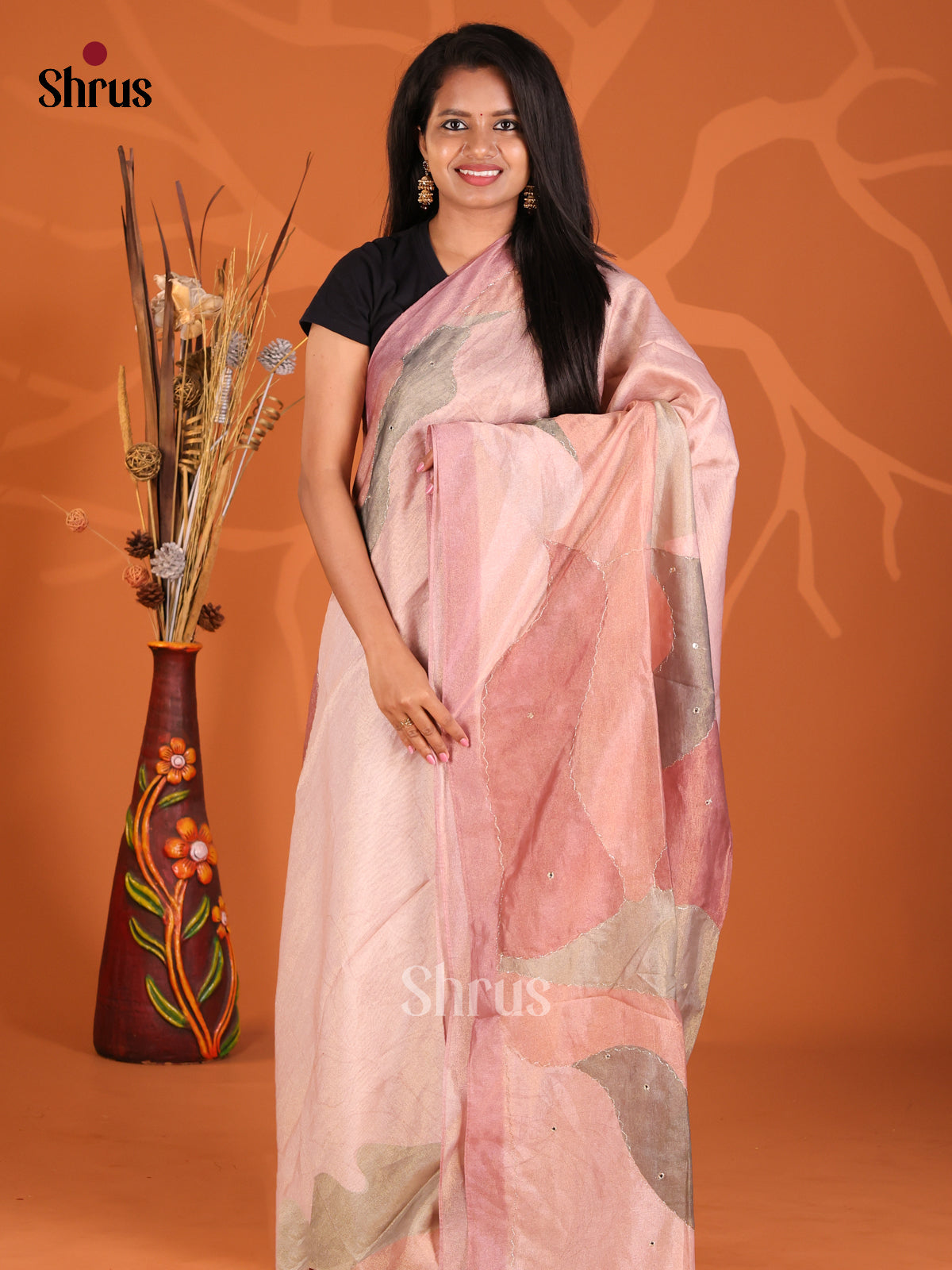 Pink & Brown - Semi Tissue Print Saree