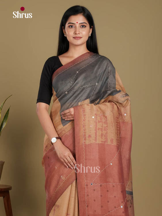 Brown & Onion Peel - Semi Tissue Print Saree