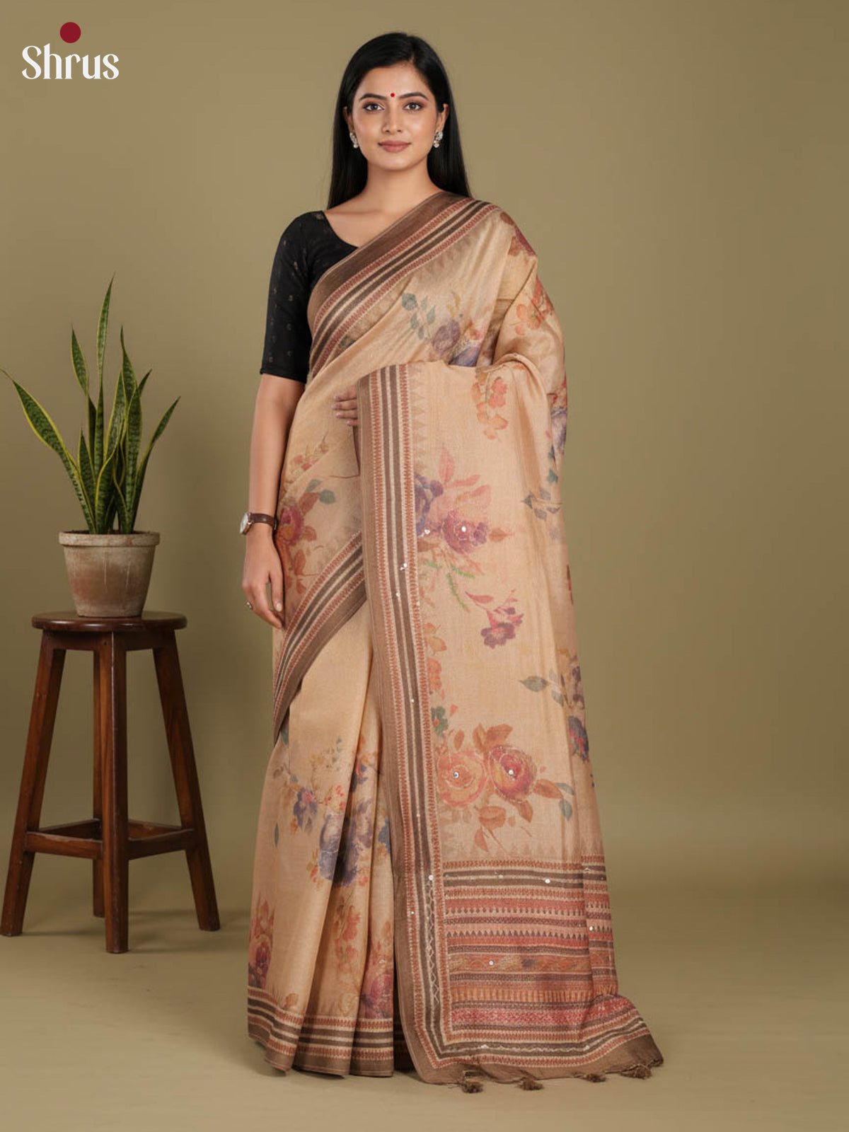 Light Brown - Semi Tissue Print Saree