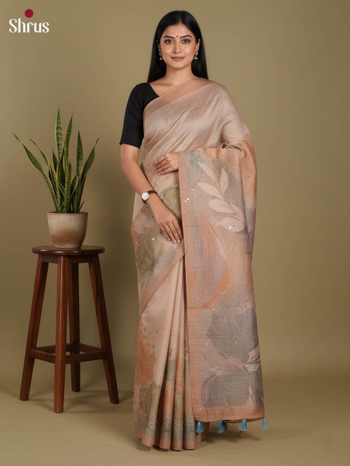 Light Brown - Semi Tissue Print Saree