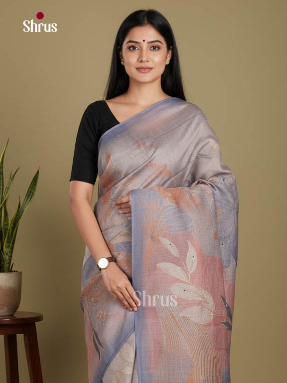 Greyish Blue - Semi Tissue Print Saree