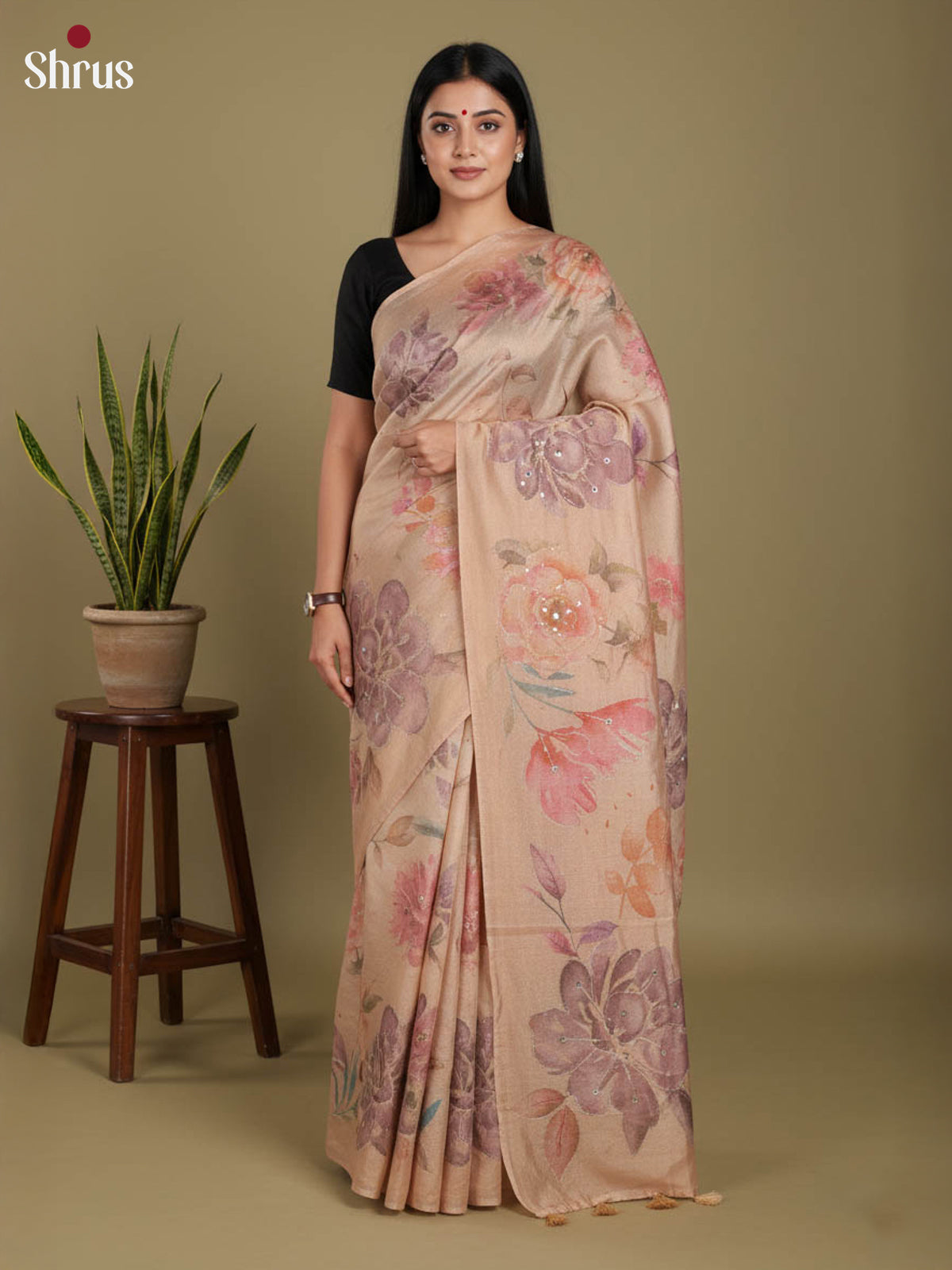 Light Brown - Semi Tissue print Saree