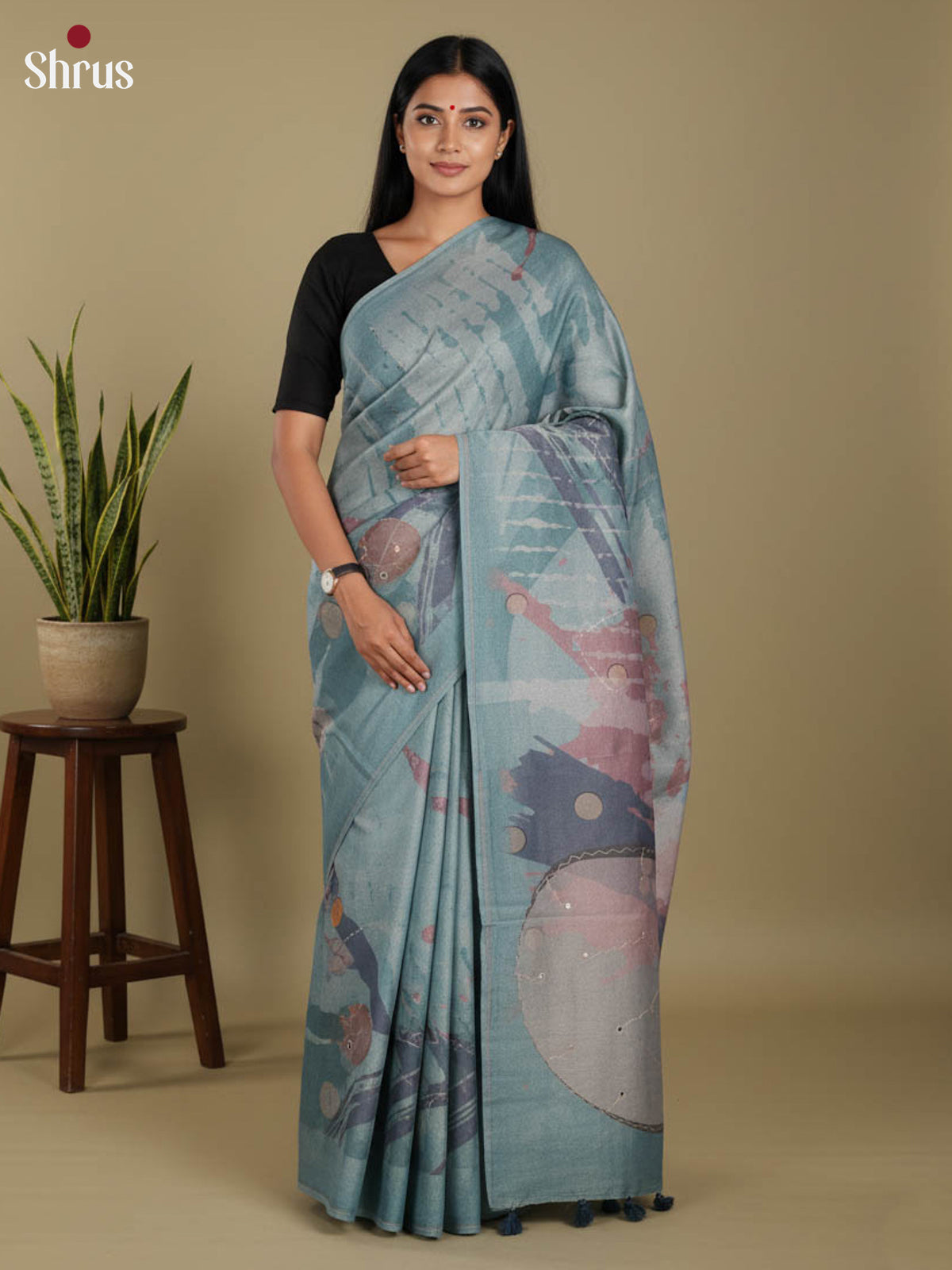Blue- Semi Tissue Print Saree