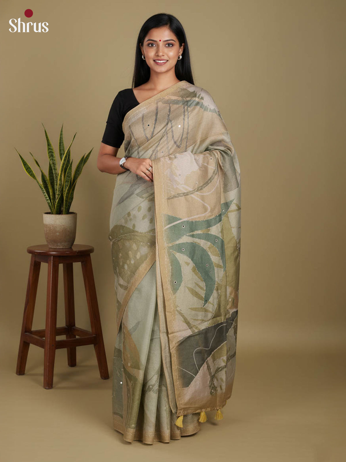 Chutney Green- Semi Tissue Print Saree