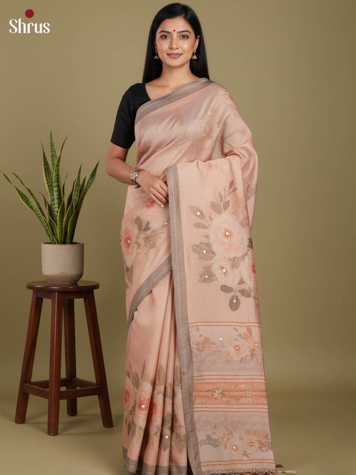 Dusty Brown - Semi Tissue print  Saree