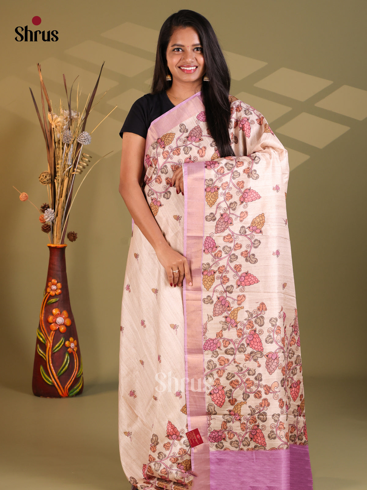 Cream & Purple - Semi Gicha Saree - Shop on Shrus.com
