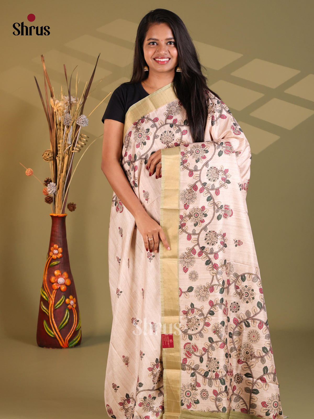 Cream & Mint Green - Semi Gicha Saree