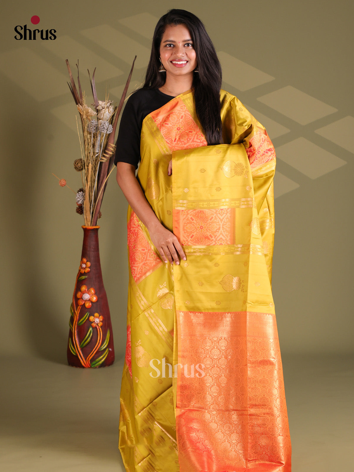Mathulir Green & Orange - Semi Softsilk Saree - Shop on Shrus.com
