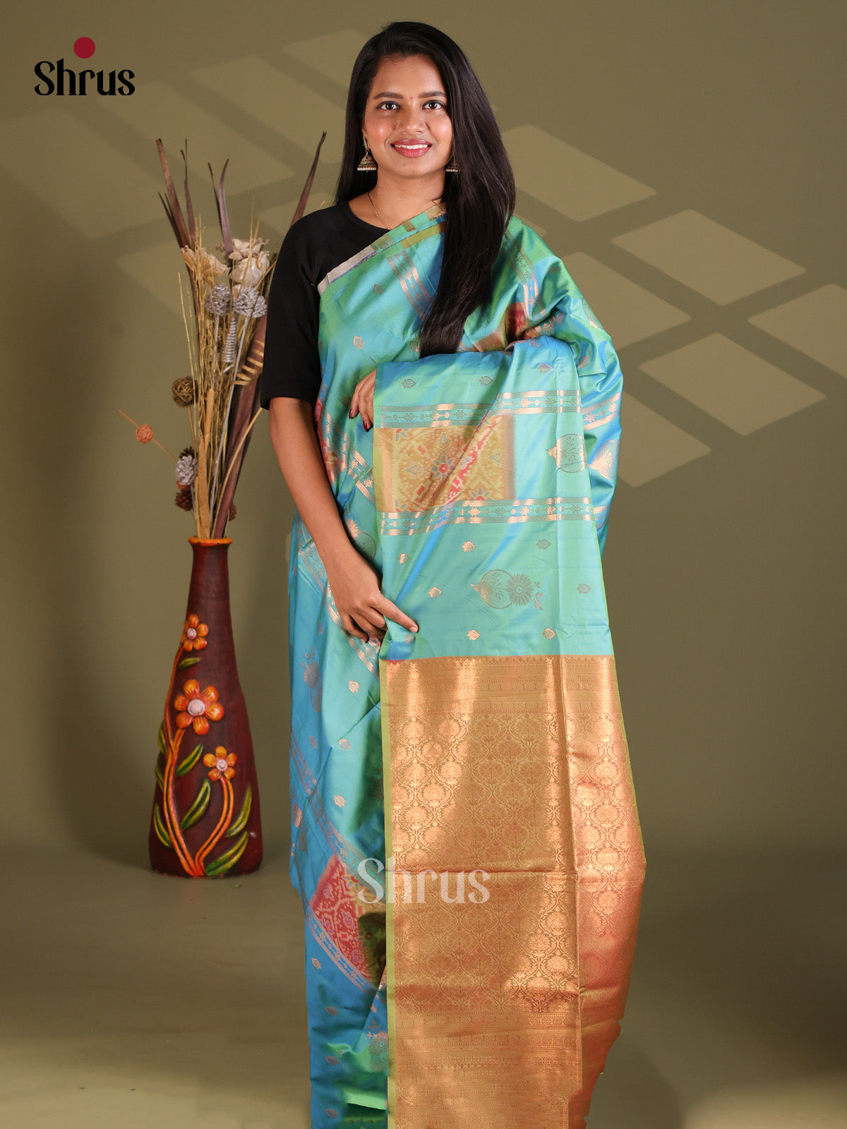 Blue & Double Shaded Green - Semi Softsilk Saree