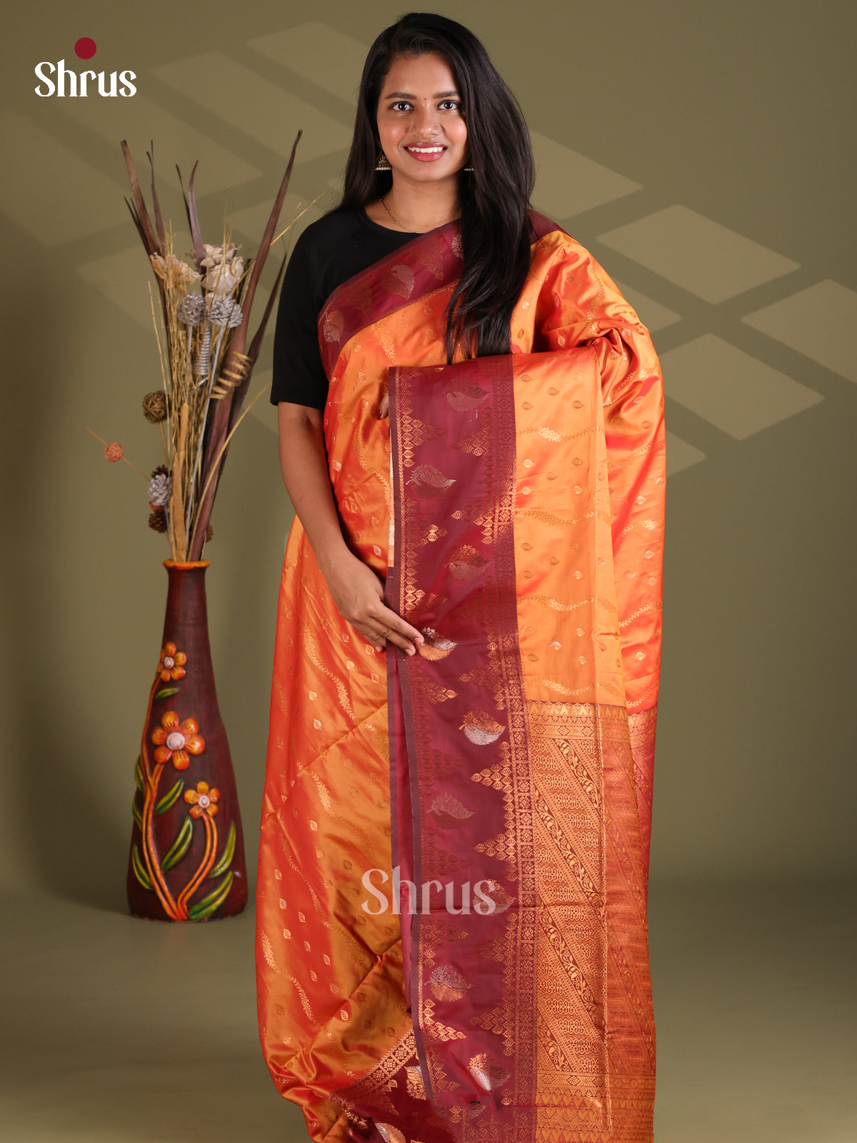 Orange & Arakku Maroon - Semi Softsilk Saree - Shop on Shrus.com