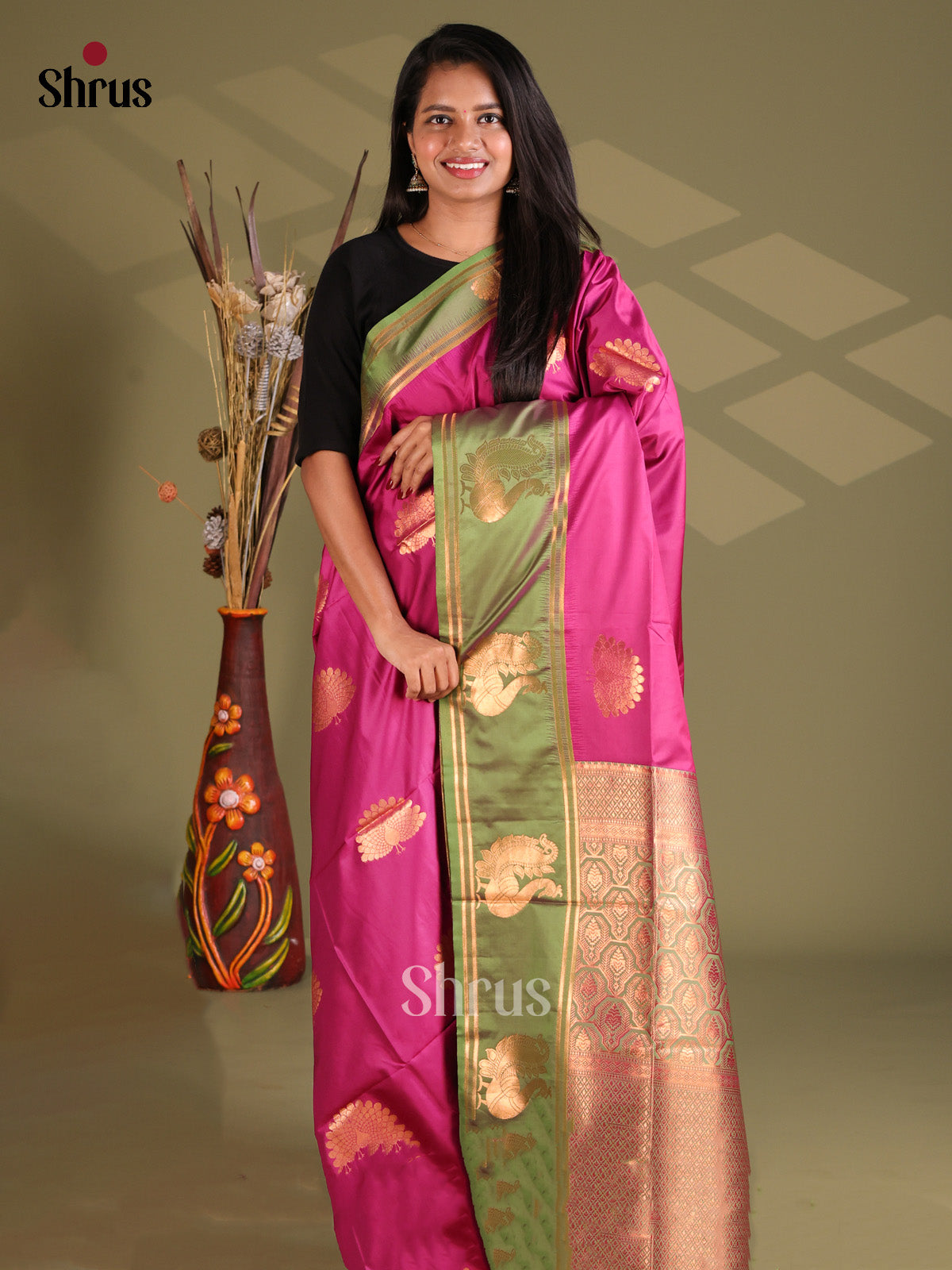 Pink & Green- Semi Softsilk Saree - Shop on Shrus.com