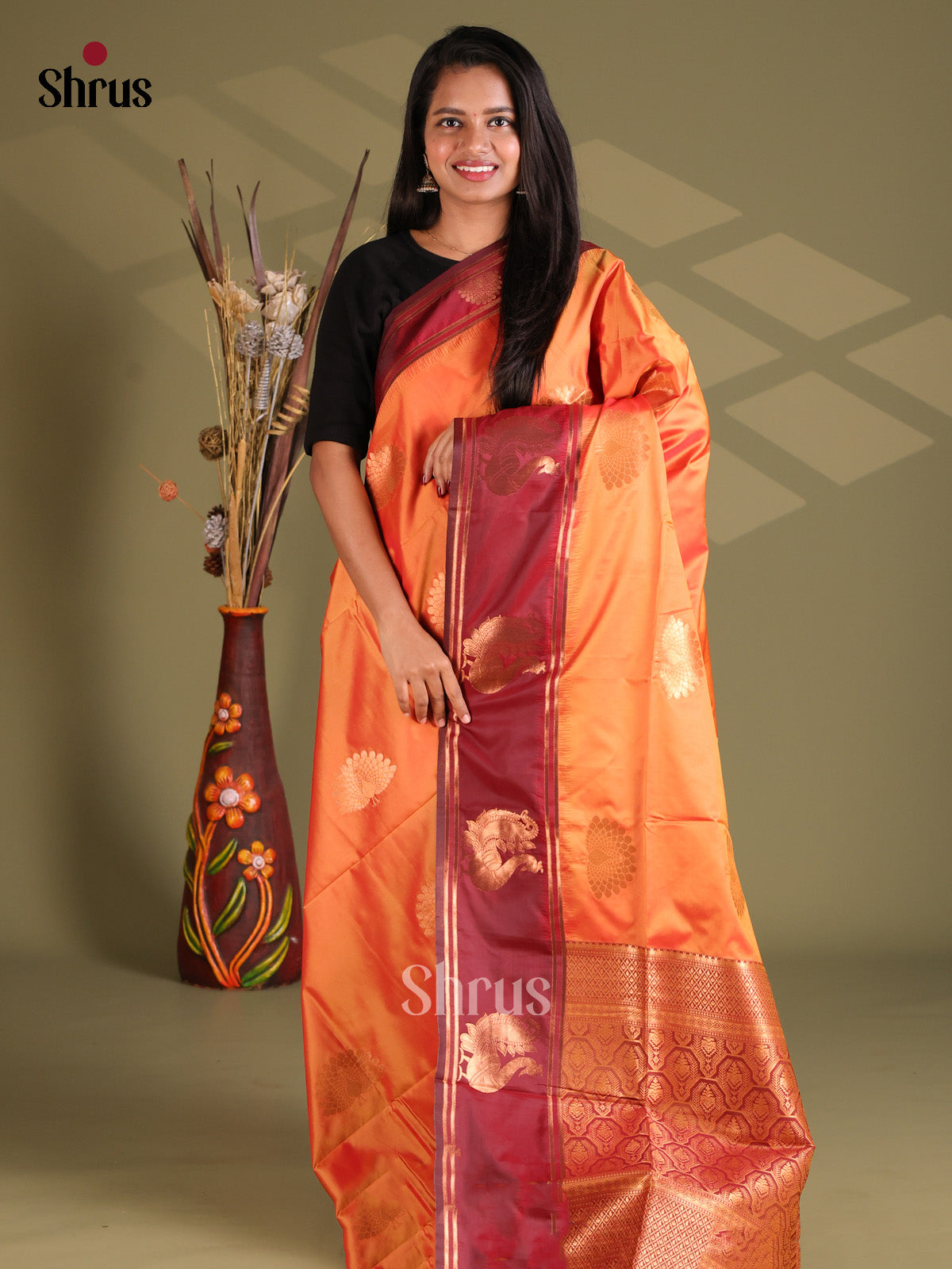 Orange & Maroon - Semi Softsilk Saree - Shop on Shrus.com