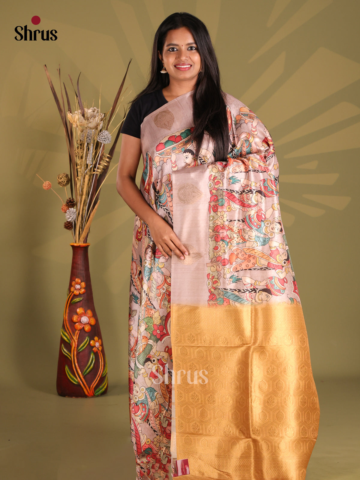 Dusty Pink & Gold - chennur-kalamkari  Saree - Shop on Shrus.com