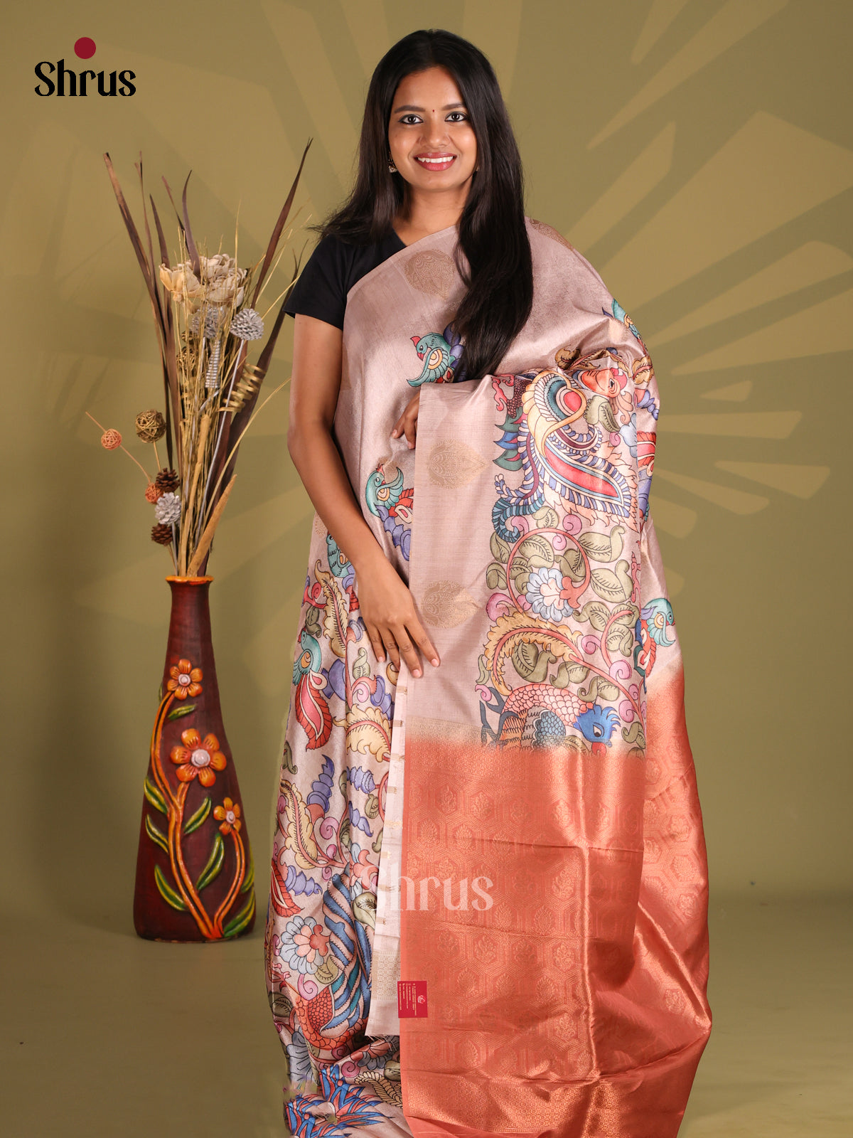 Dusty Pink & Red - chennur-kalamkari  Saree - Shop on Shrus.com