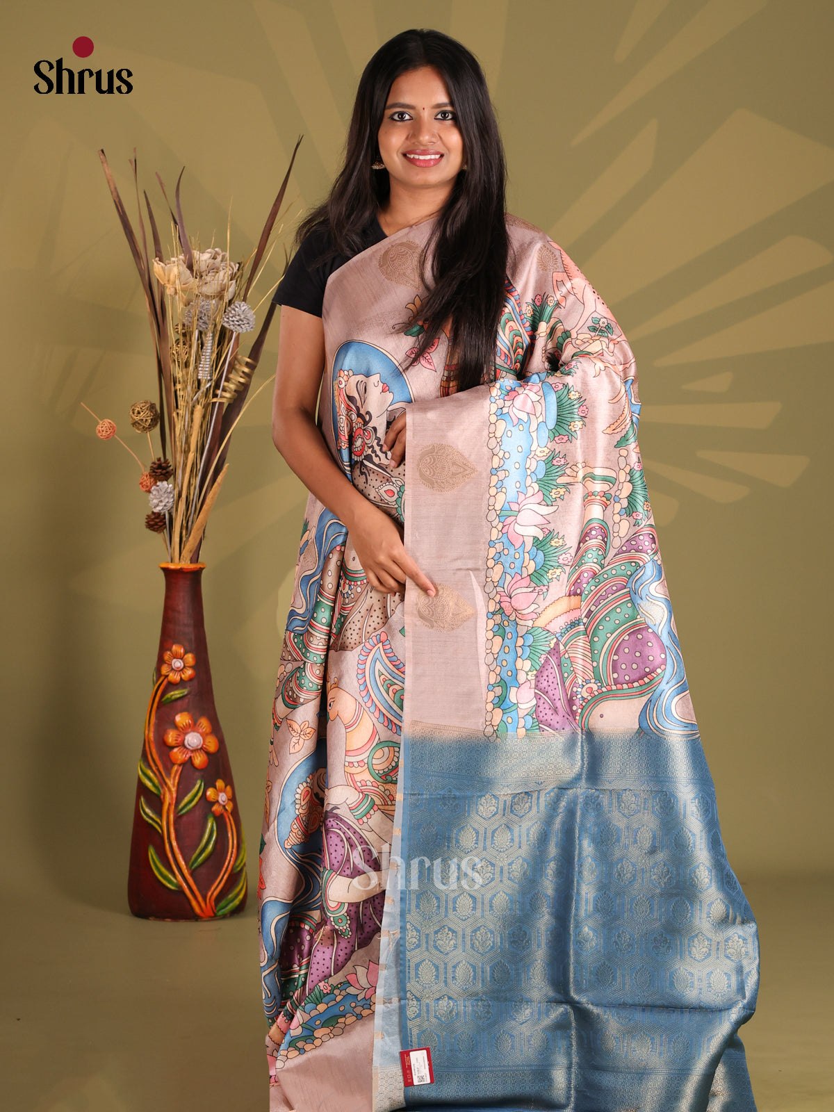 Dusty Pink & Blue - chennur-kalamkari  Saree - Shop on Shrus.com