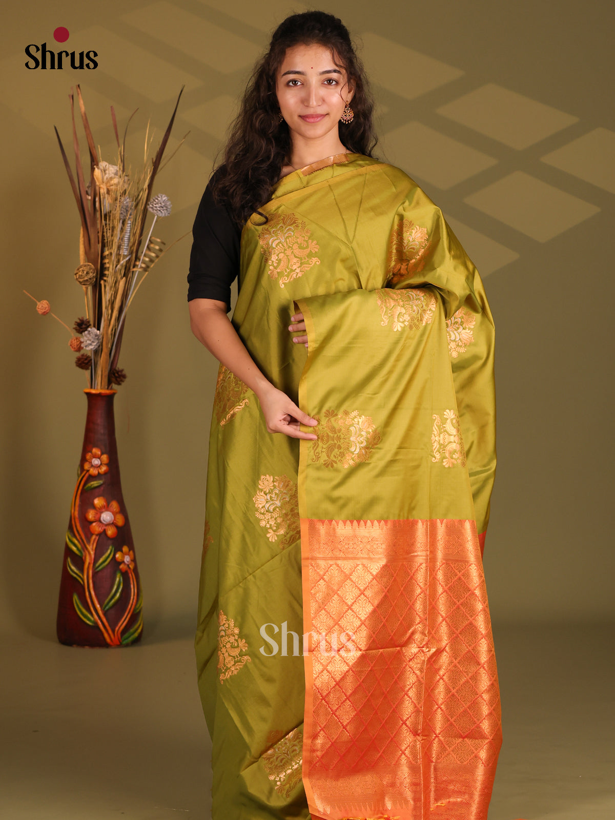 Green & Orange - Semi Softsilk Saree - Shop on Shrus.com