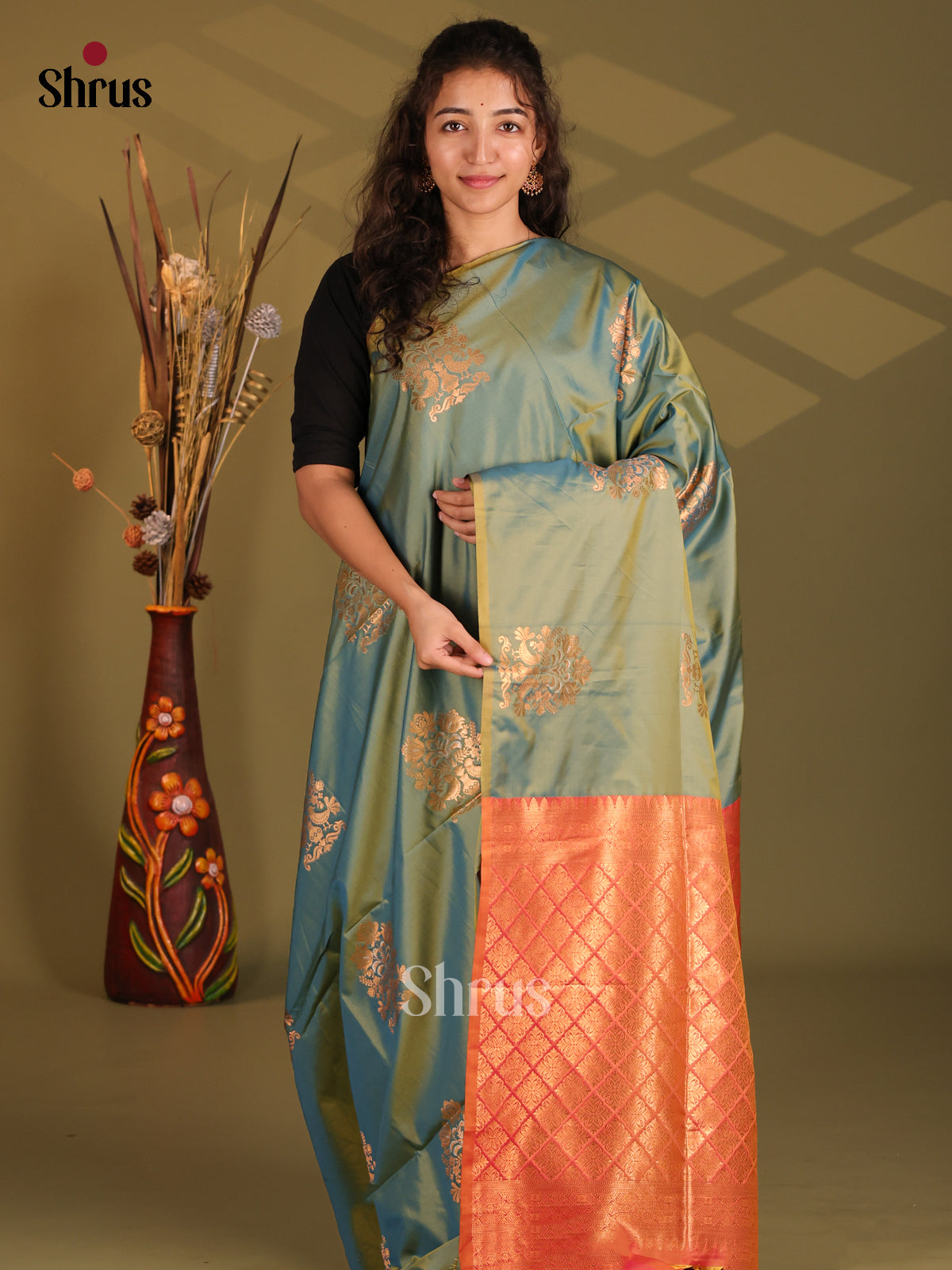 Double Shaded Green & Orange- Semi Softsilk Saree - Shop on Shrus.com