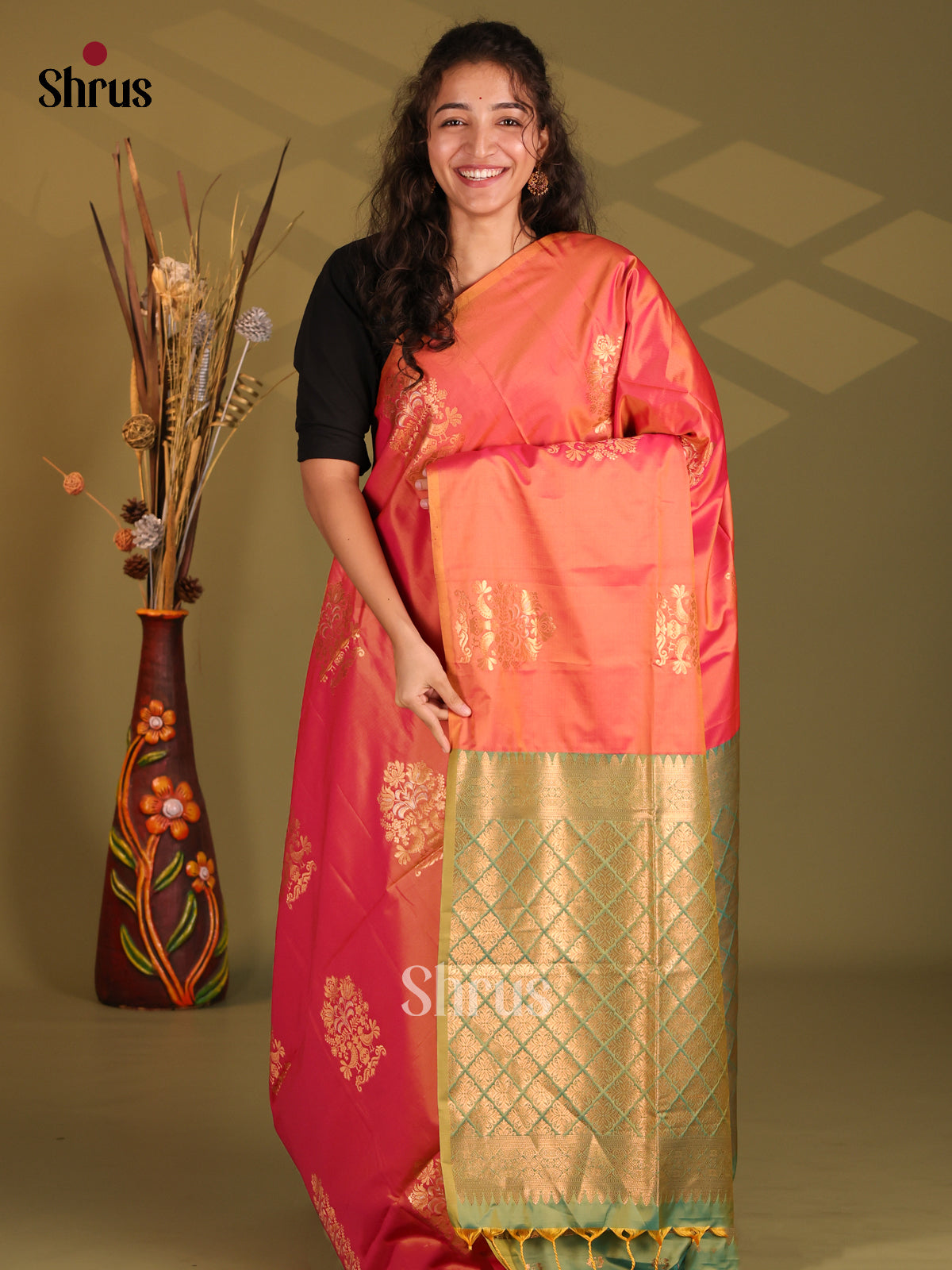 Orangish Pink &  Green - Semi Softsilk Saree - Shop on Shrus.com