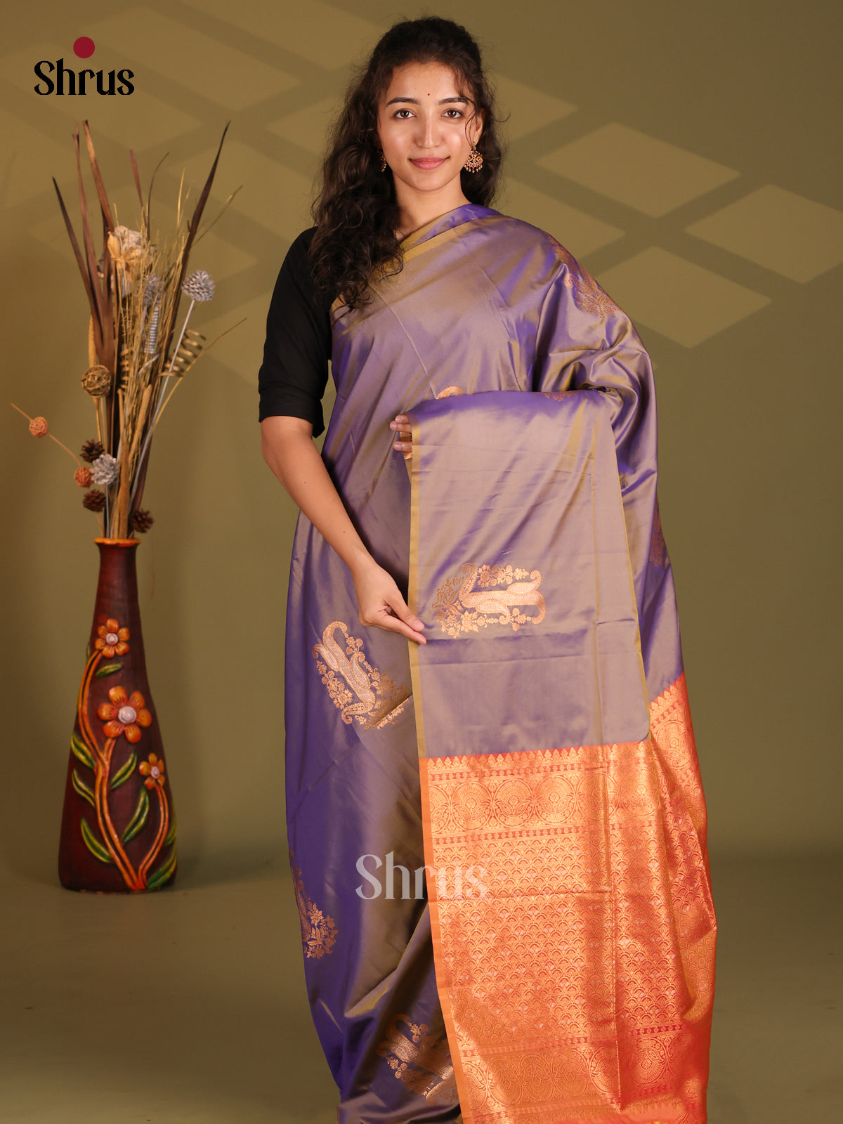 Violet & Orange - Semi Softsilk Saree - Shop on Shrus.com