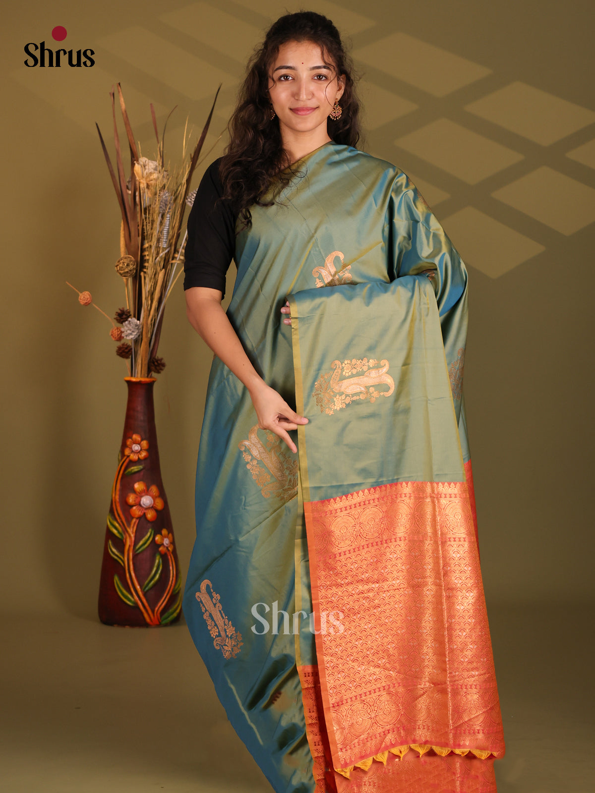 Green & Orange- Semi Softsilk Saree - Shop on Shrus.com