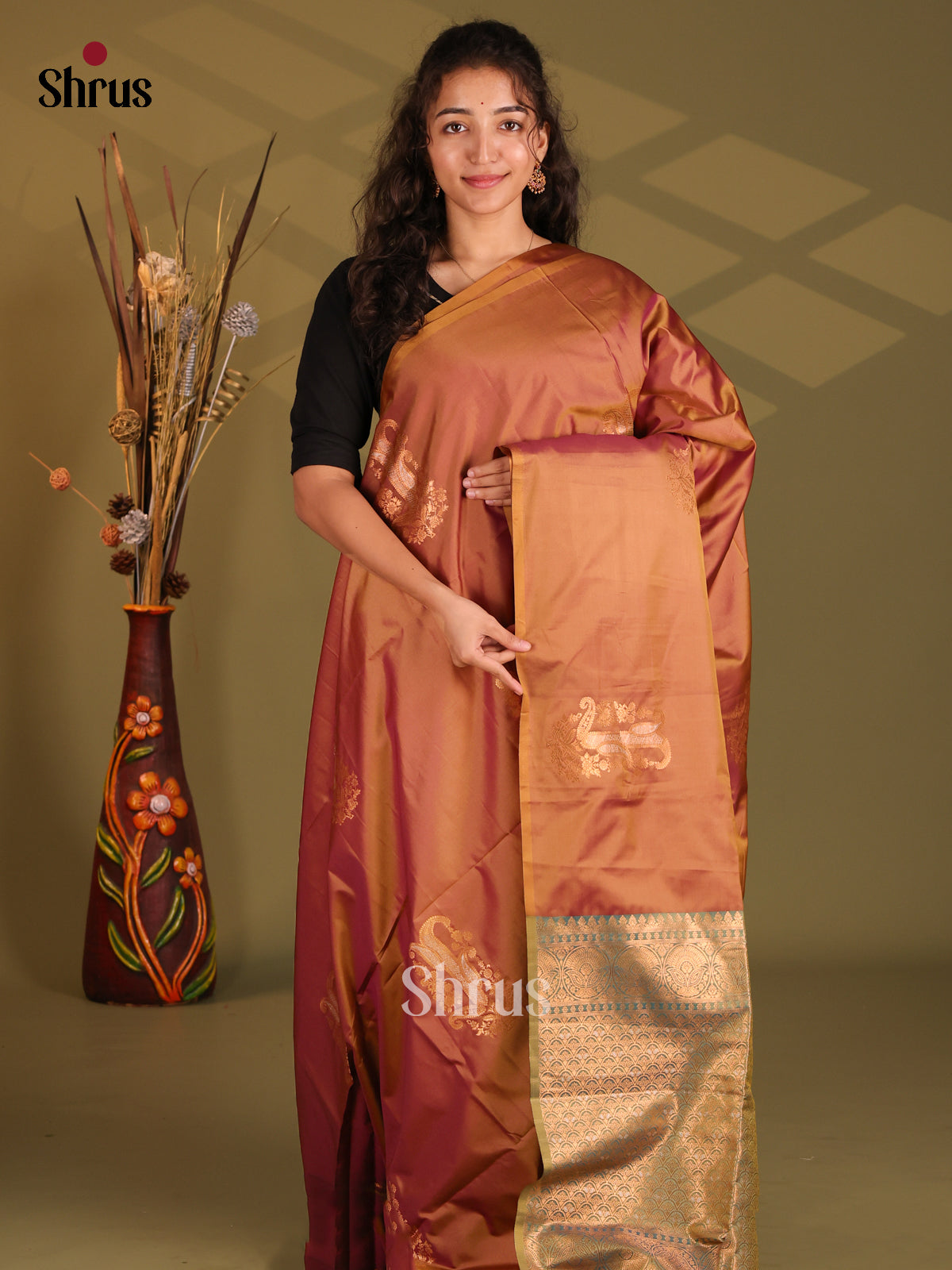 Brown & Green- Semi Softsilk Saree