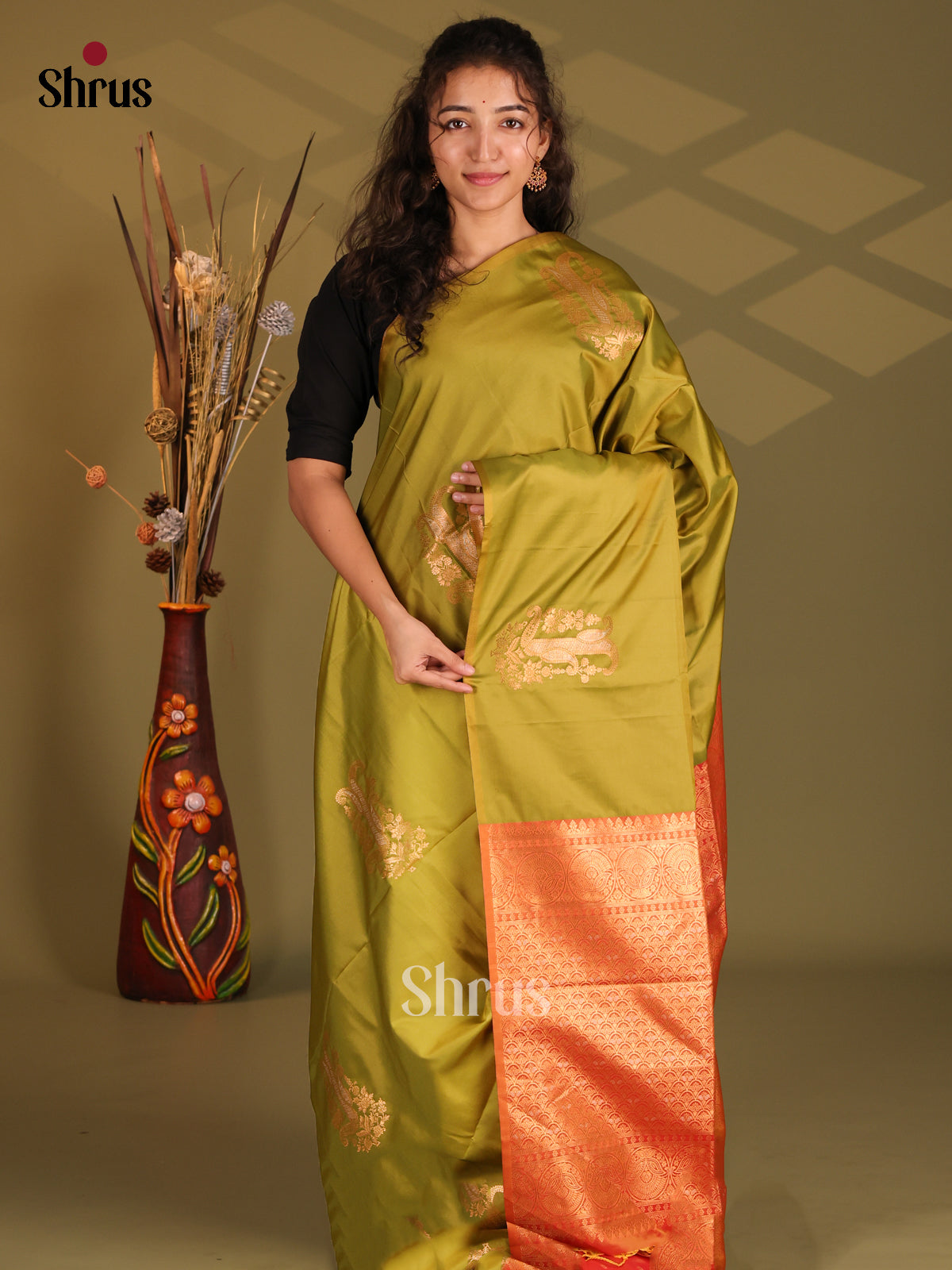 Green & Orange - Semi Softsilk Saree - Shop on Shrus.com