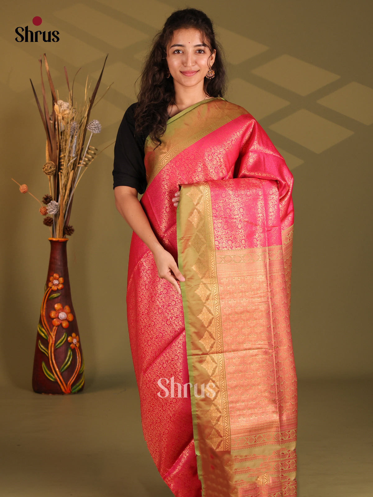Pink & Green- Semi Softsilk Saree - Shop on Shrus.com