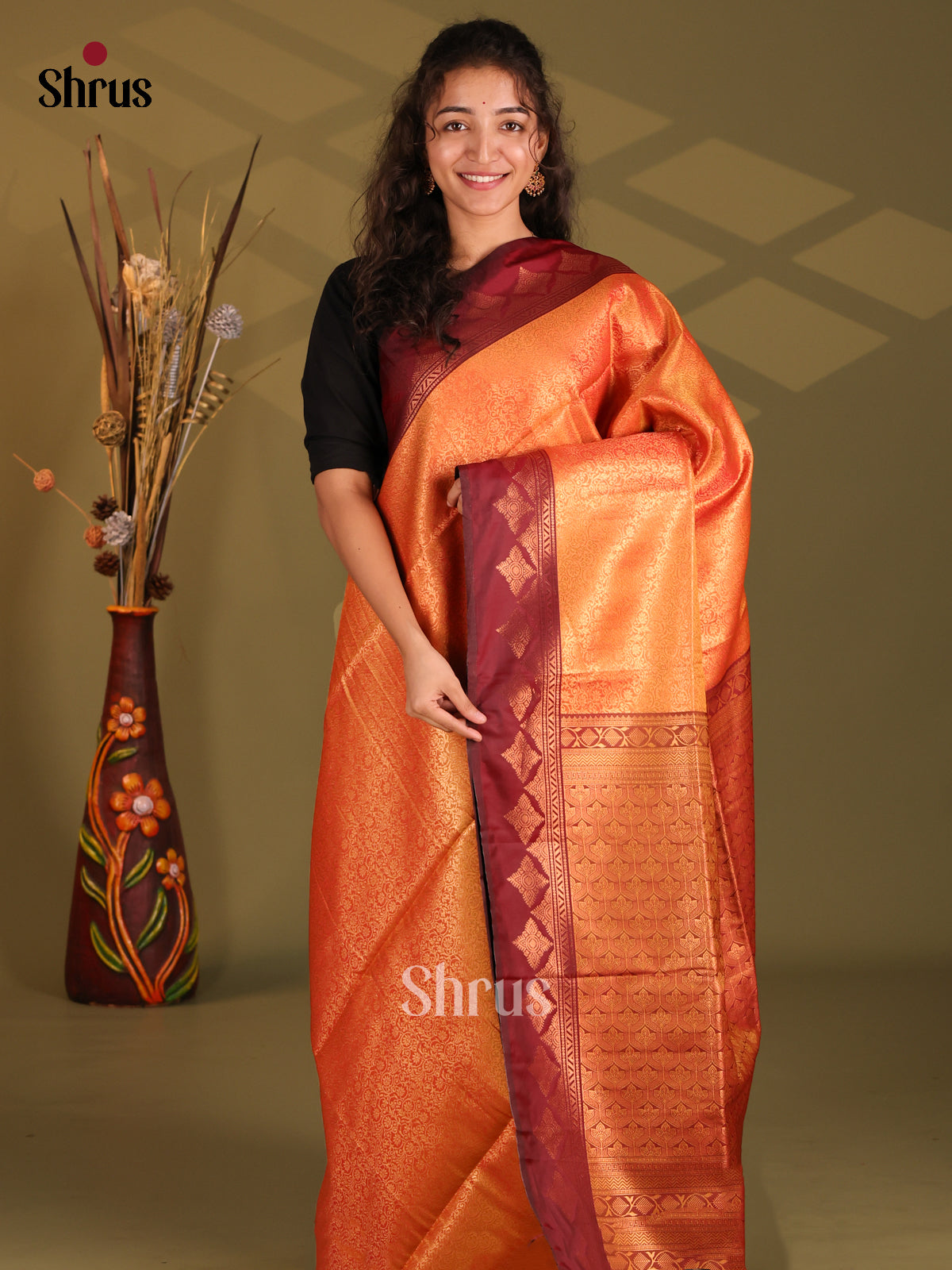 Orange & Maroon- Semi Softsilk Saree - Shop on Shrus.com