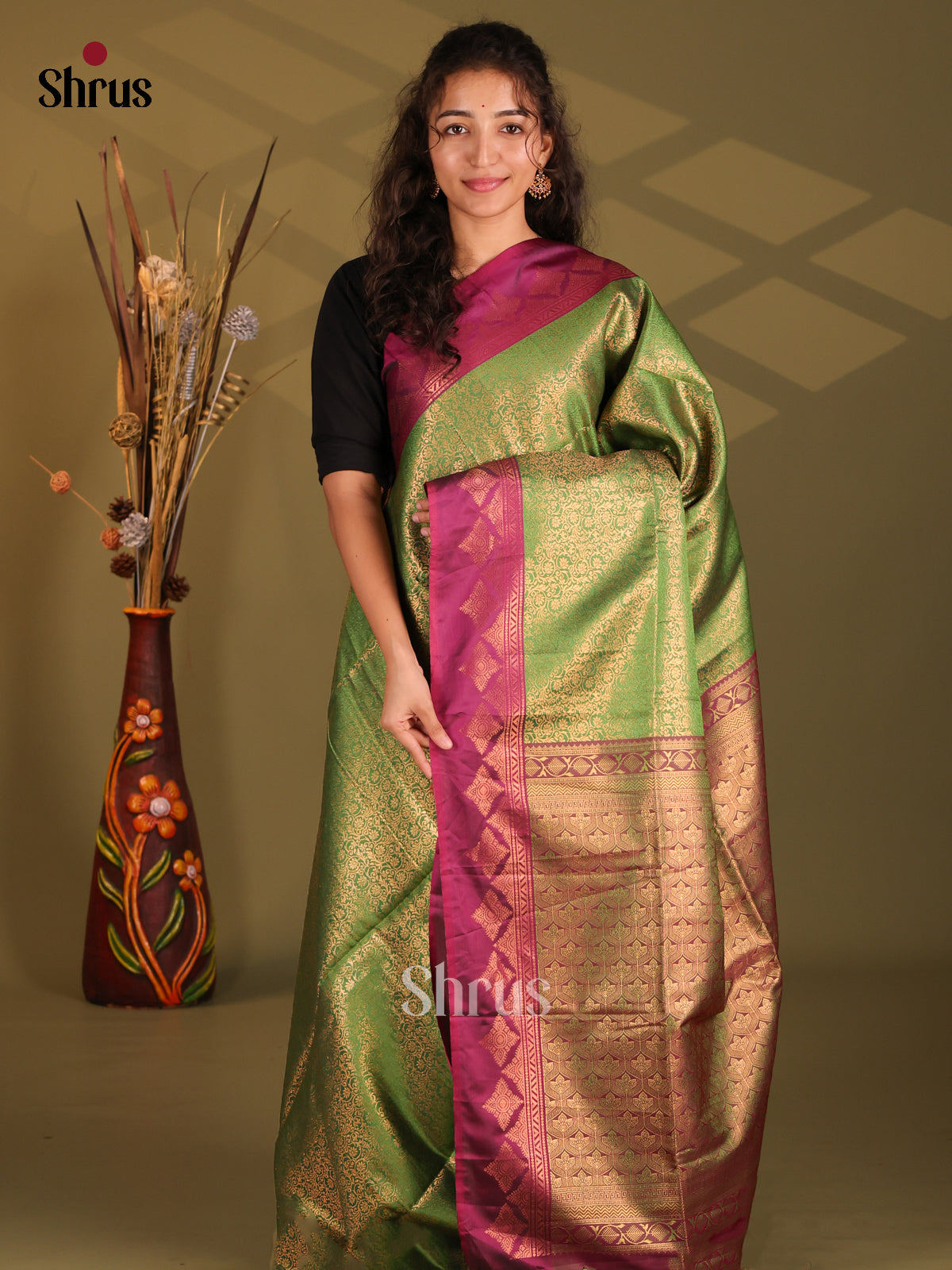 Green & Purple - Semi Softsilk Saree - Shop on Shrus.com