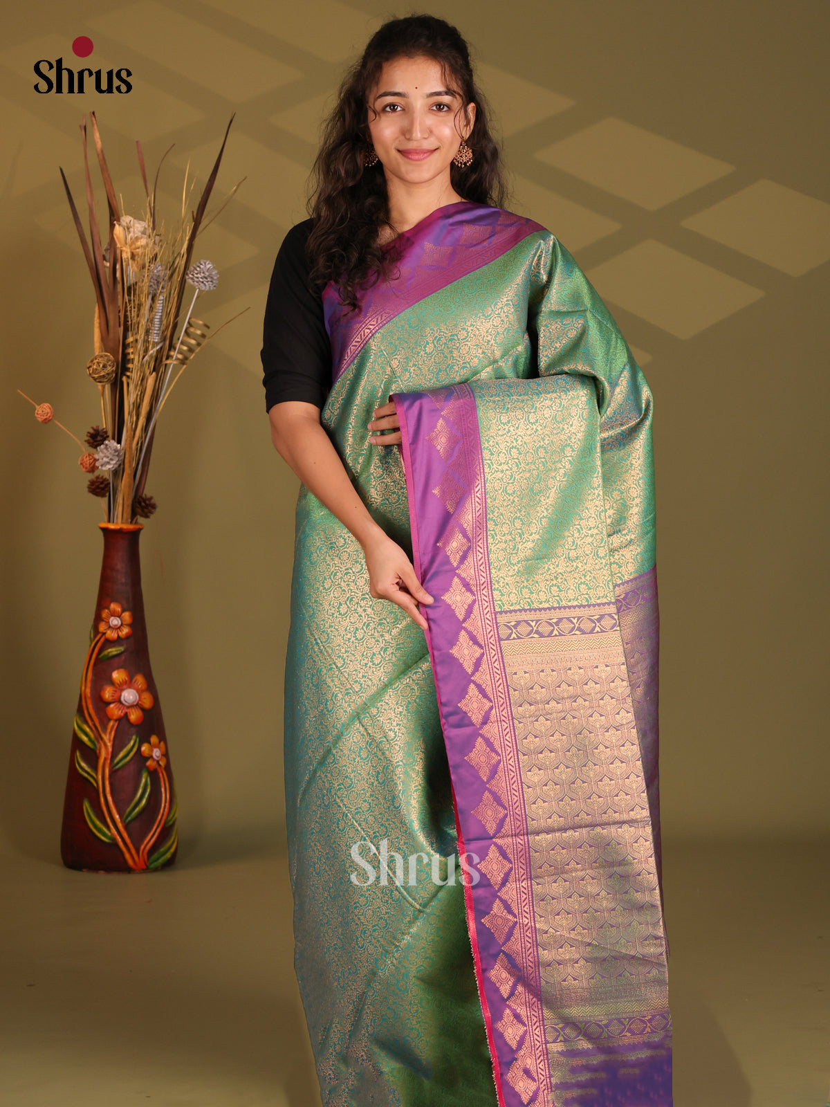 Pastel Green & Purple- Semi Softsilk Saree - Shop on Shrus.com