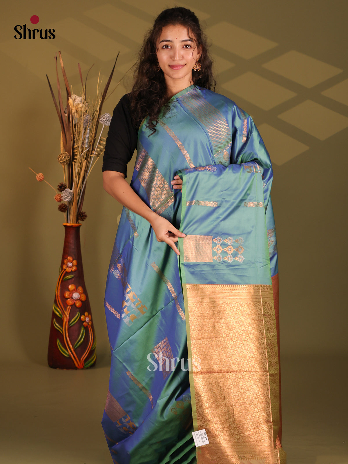 Peacock Blue & Double Shaded green- Semi Softsilk Saree - Shop on Shrus.com