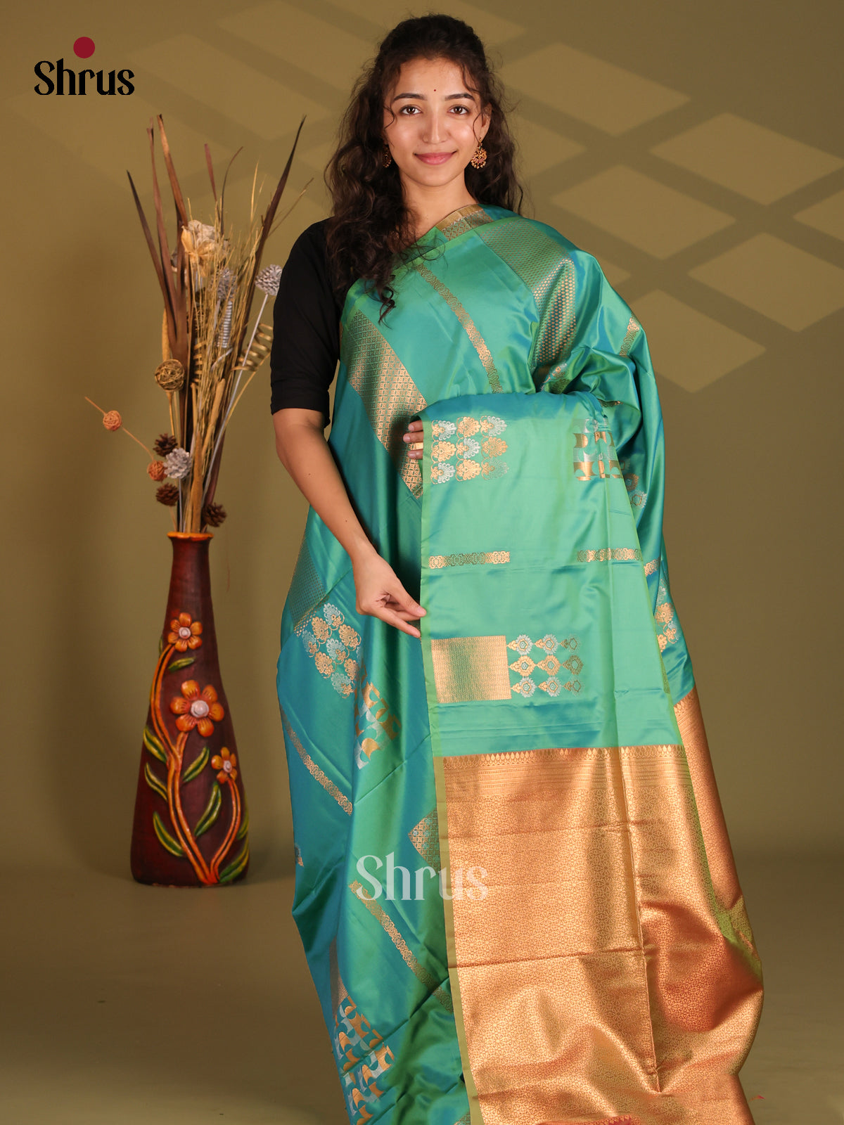 Green & Double Shaded Orange - Semi Softsilk Saree - Shop on Shrus.com