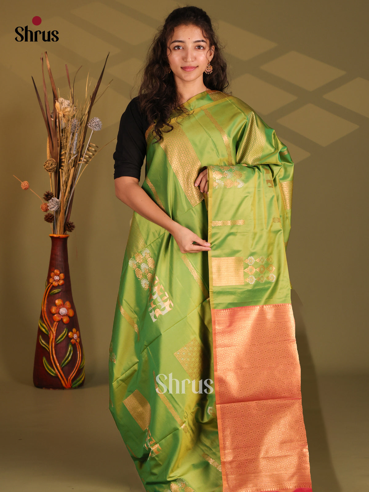 Green & Orange - Semi Softsilk Saree - Shop on Shrus.com