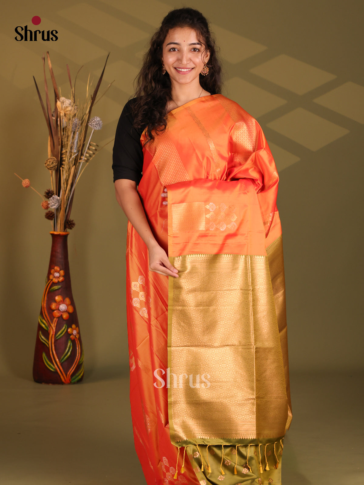 Orange & Mehandi Green - Semi Softsilk Saree - Shop on Shrus.com
